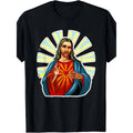 Mens Christ Catholicism Graphic T Shirt 100 Percent 220gsm Heavyweight Black with Vibrant Christ and Sacred Heart Design Short Sleeve Round Neck Casual Christian Apparel for Church Events and Everyday Wear