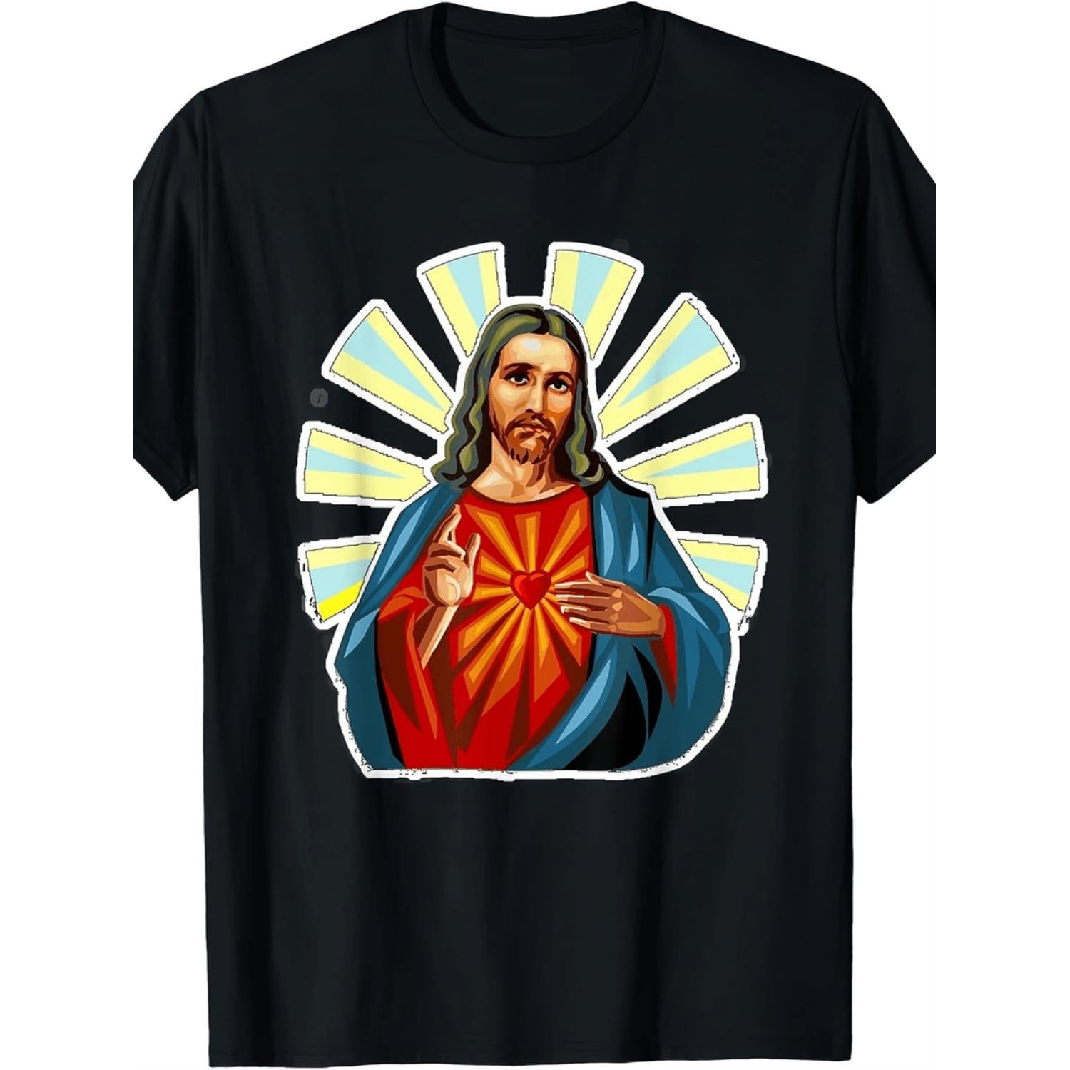 Mens Christ Catholicism Graphic T Shirt 100 Percent 220gsm Heavyweight Black with Vibrant Christ and Sacred Heart Design Short Sleeve Round Neck Casual Christian Apparel for Church Events and Everyday Wear