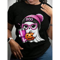Halloween Ghost Wearing Pink Hat Womens Spooky Season Shirt Featuring Boo Pumpkin And Coffee Design Fall Gift Cotton Graphic Tee Men Sleeves Crew Neck