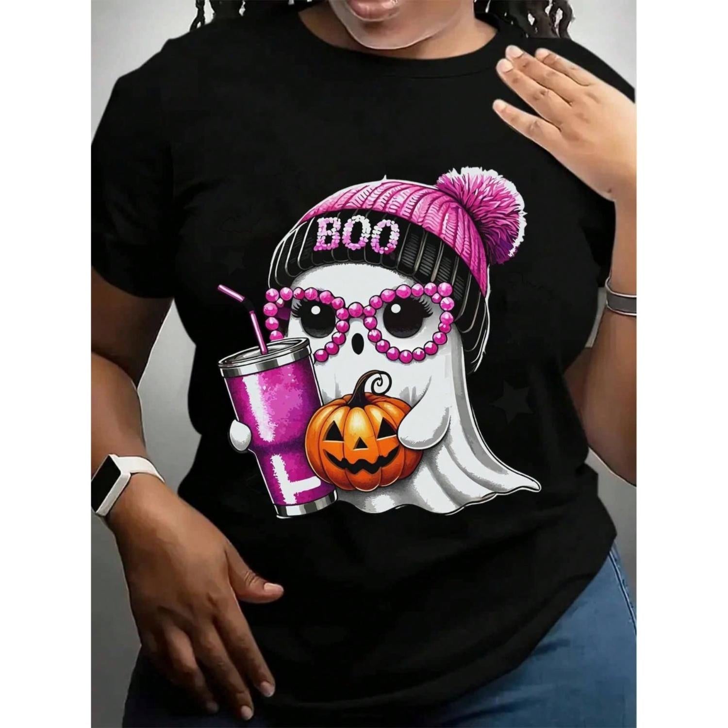 Halloween Ghost Wearing Pink Hat Womens Spooky Season Shirt Featuring Boo Pumpkin And Coffee Design Fall Gift Cotton Graphic Tee Men Sleeves Crew Neck