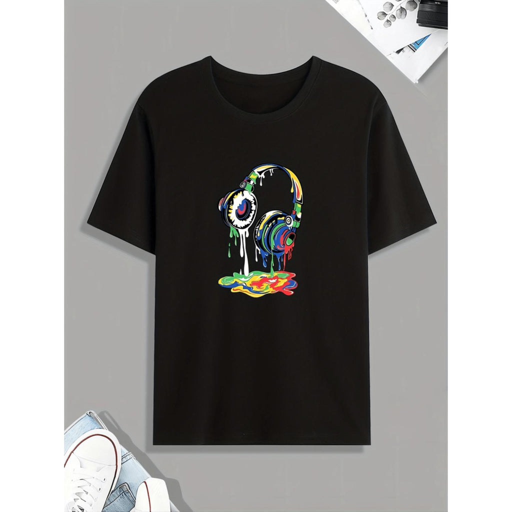 Headset Dripping Color Paint Print Tee Casual Short Sleeve Tshirt For Men Suitable For Summer Spring And Fall Gift Tops
