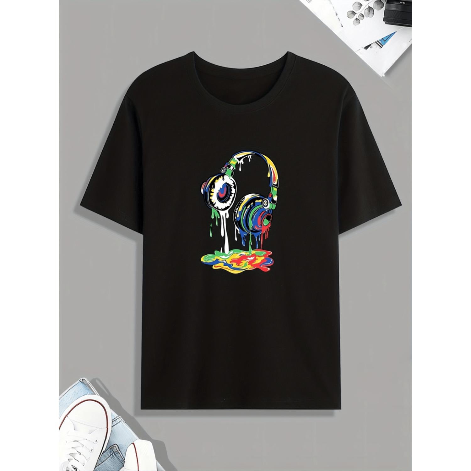 Headset Dripping Color Paint Print Tee Casual Short Sleeve Tshirt For Men Suitable For Summer Spring And Fall Gift Tops