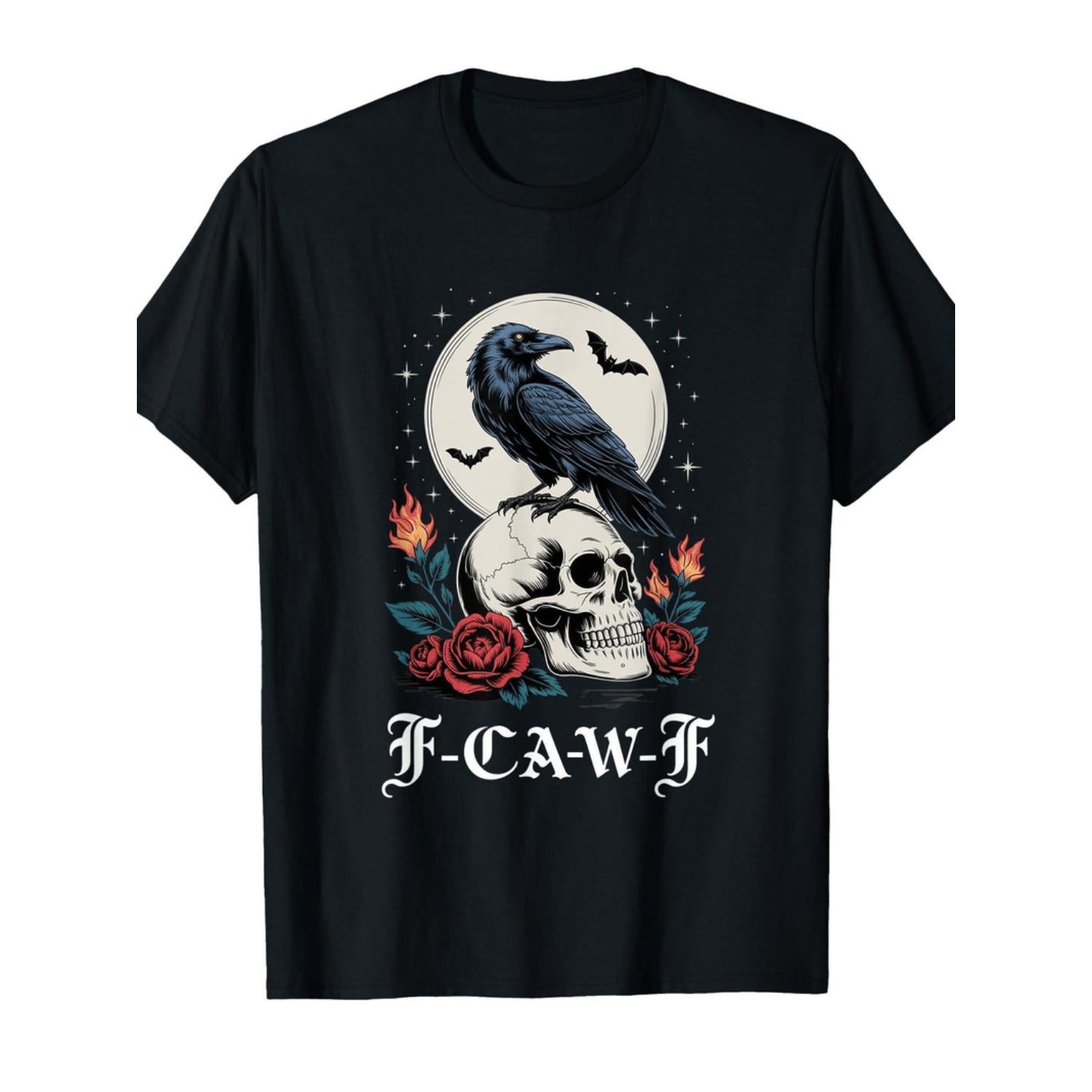 Black Crow and Skull Graphic Tee with Bird Design Casual Short Sleeve Cotton T-Shirt for Adults All Season Wear
