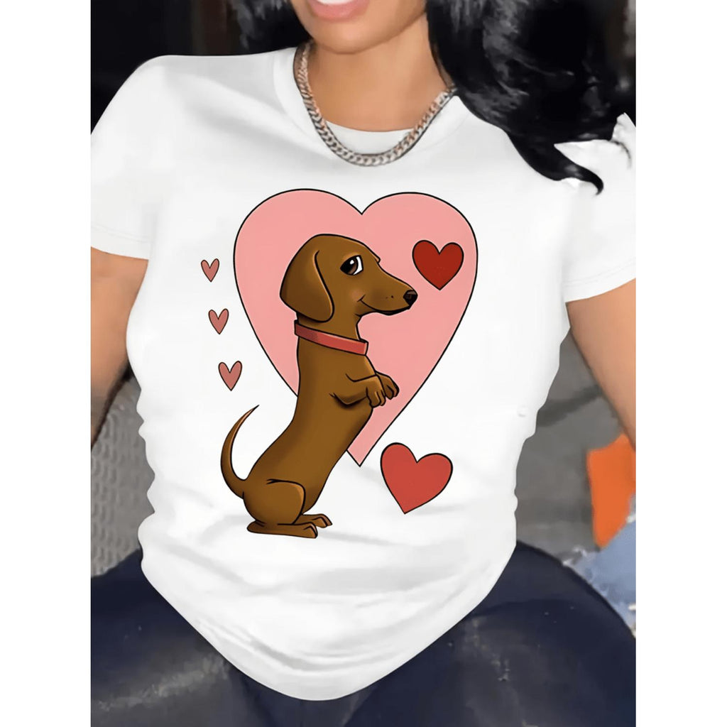 Womens Casual Short Sleeve TShirt Cute Dachshund Hearts Graphic Print Black With Pink Design Soft Stretch Round Neck Tee Machine Washable AllSeason Comfort Top Sporty Durable Print Shirt Everyday Wear