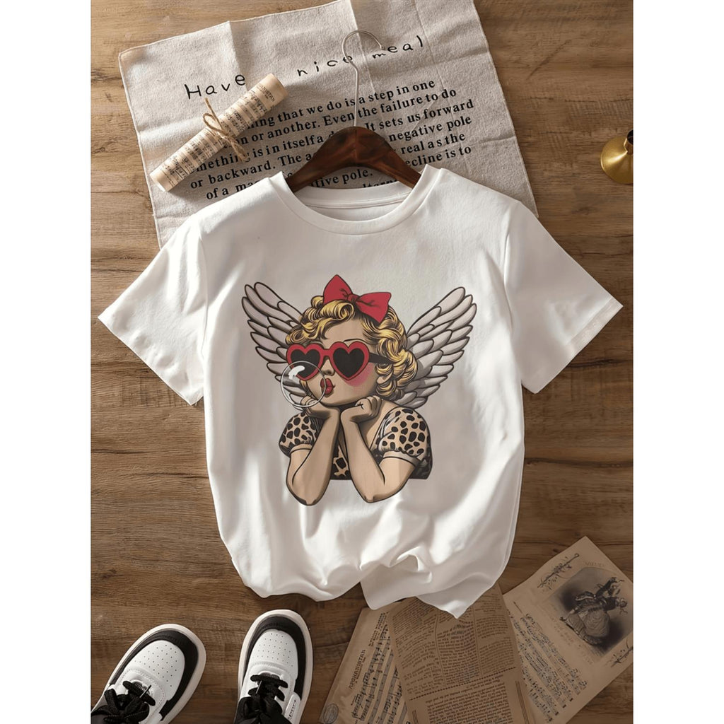Womens Casual Short Sleeve Crew Neck Graphic Tee Featuring Playful Angel Wing Heart And Fashion Glasses Design Breathable Comfortable Regular Fit Shirt For Summer And Spring Machine Washable