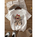 Womens Casual Short Sleeve Crew Neck Graphic Tee Featuring Playful Angel Wing Heart And Fashion Glasses Design Breathable Comfortable Regular Fit Shirt For Summer And Spring Machine Washable