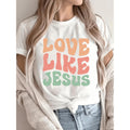 WomenS Casual Polyester TShirt Featuring Love Like Jesus Gradient Letter Print Soft Pink Short Sleeve Crew Neck Breathable Machine Washable Summer Spring AllYear Wear Comfortable Relaxed Fit