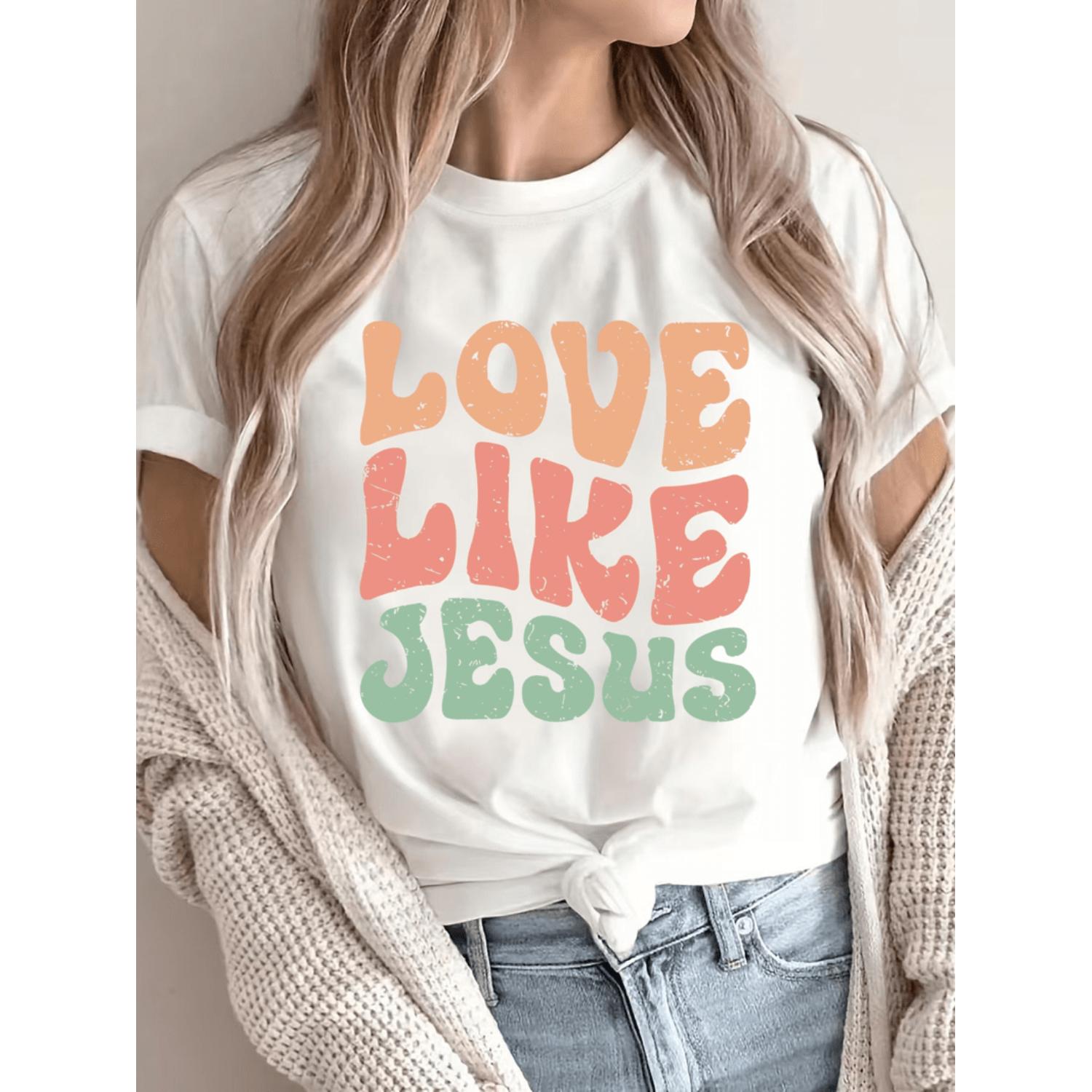 WomenS Casual Polyester TShirt Featuring Love Like Jesus Gradient Letter Print Soft Pink Short Sleeve Crew Neck Breathable Machine Washable Summer Spring AllYear Wear Comfortable Relaxed Fit
