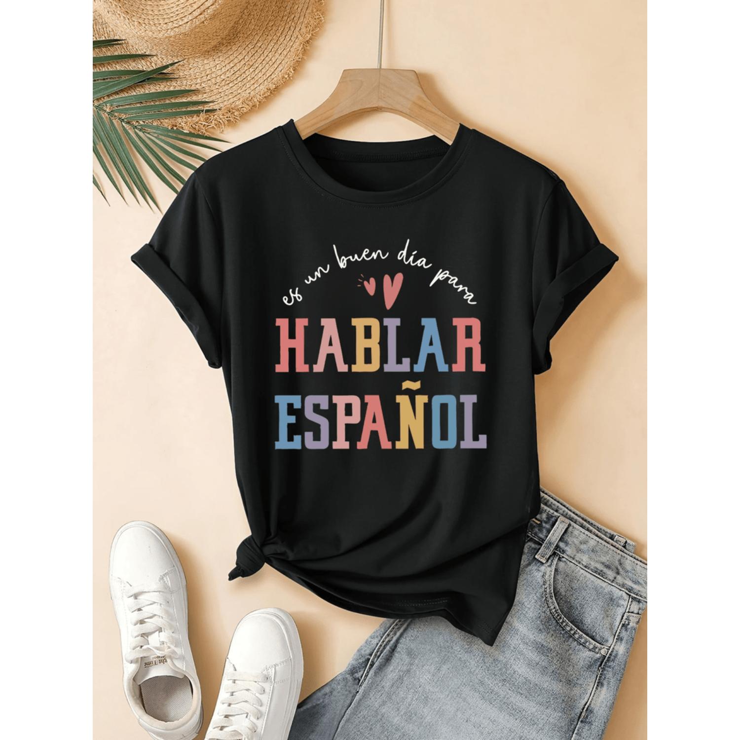 Womens Casual Short Sleeve Round Neck TShirt Light Yellow Spanish Graphic Print Hasta La Vista Mi Querido Espa?a with Hearts Machine Washable Summer Vacation Tee for Streetwear and Sports Relaxed Fit Shirt