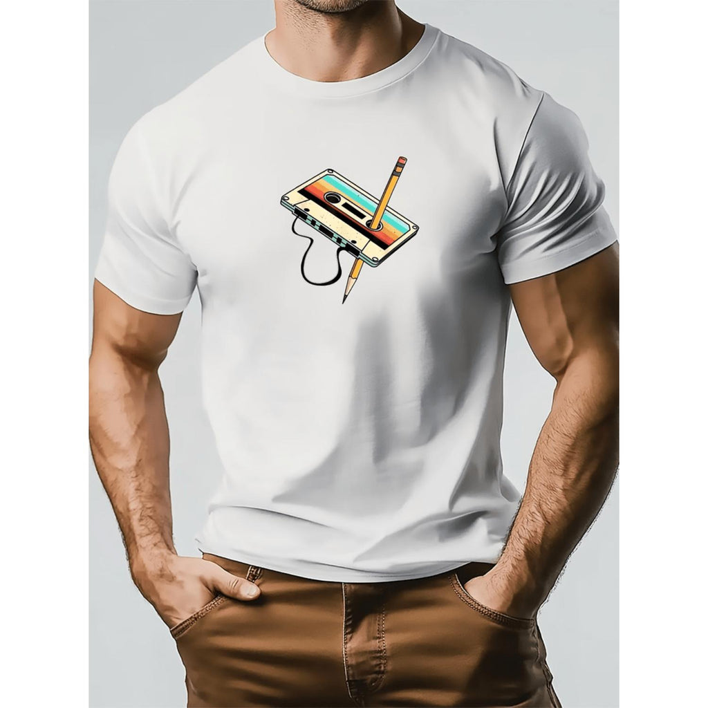 Mens Vintage Cassette Tape Graphic T Shirt Light Grey Retro Tee Featuring Pencil Design Soft Breathable Fabric Ideal for 80s and 90s Nostalgia Outfits Casual Everyday Wear Themed Events Music Shirt and Summer Clothing