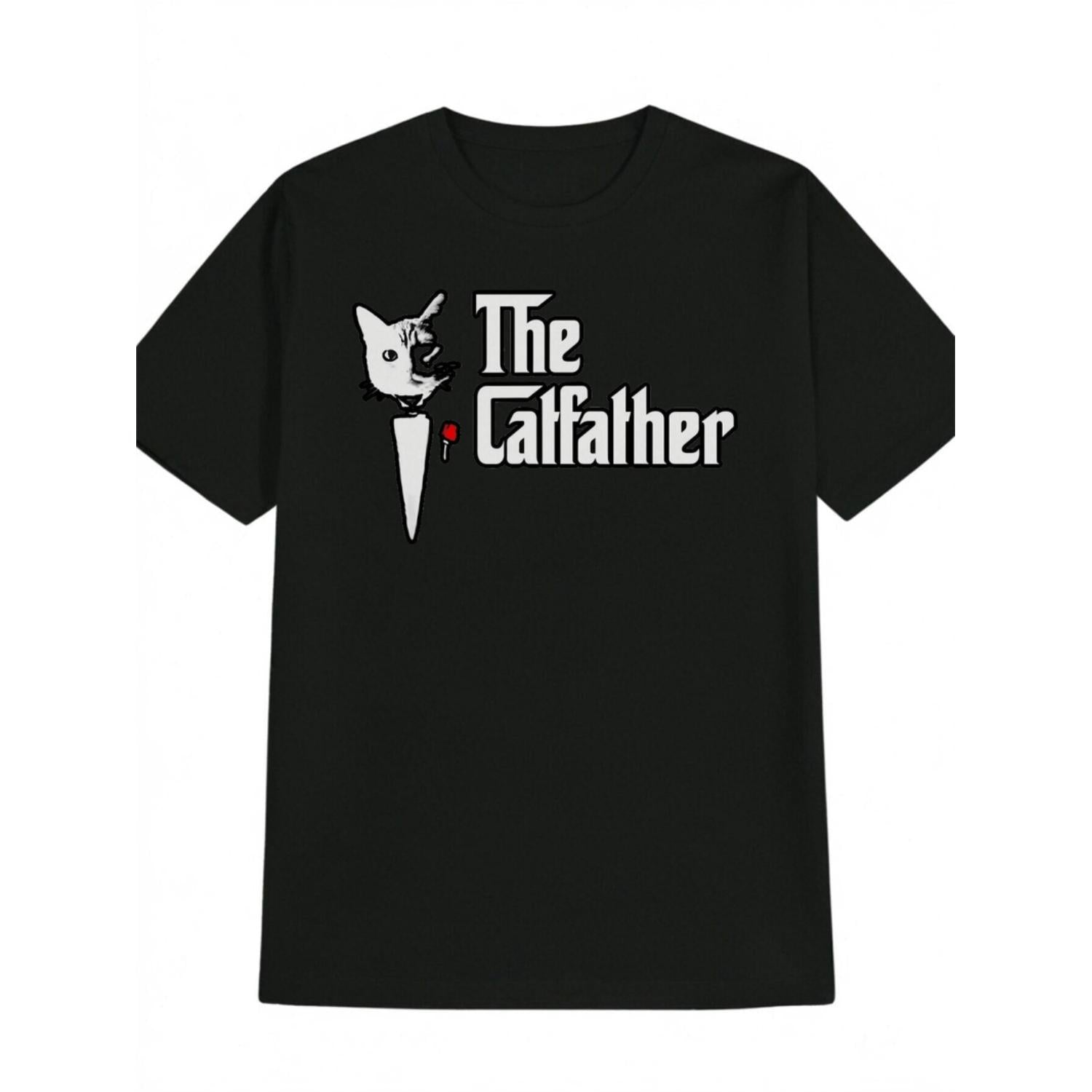 Mens The Cat Father Graphic Tee Casual Black Short Sleeve TShirt with White and Red Print Polyester Machine Washable Ideal Summer Gift for Him Cat Shirt