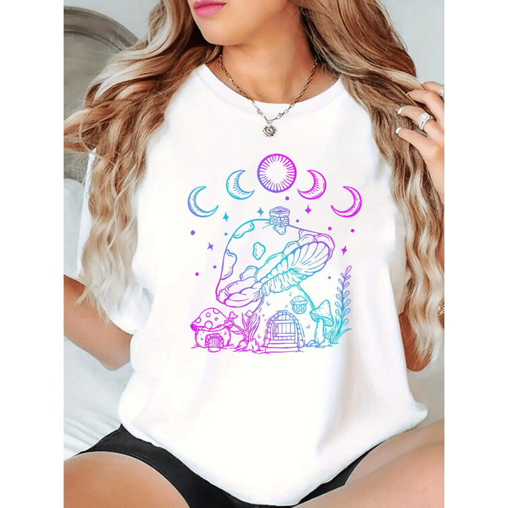 Casual Women's Short Sleeve T-Shirt Featuring Abstract Geometric Moon and Mushroom Print Soft Stretch Comfortable Round Neck AllSeason Wear