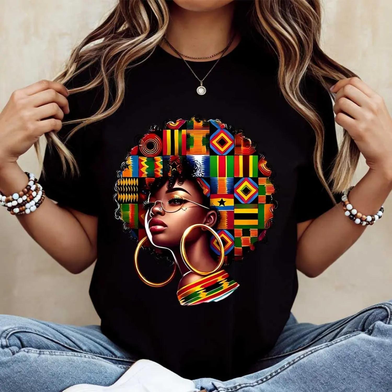 White African Print T Shirt for Women Featuring Kente Pattern and Glasses Perfect for Casual Daily Wear and Cultural Events