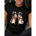 Womens Leopard Print Bowknot High Heels Pattern Casual TShirt Black Round Neck Short Sleeve Top All Season Fashion Machine Washable Easy Care Ladies Tees