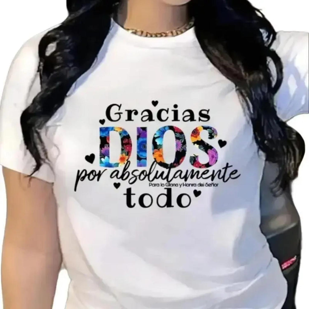 Women's Faith Inspired Spanish Gracias Dios Graphic T shirt Soft Stretch Knit Crew Neck Short Sleeve Trendy All Season Casual Summer Vacation Plus Size