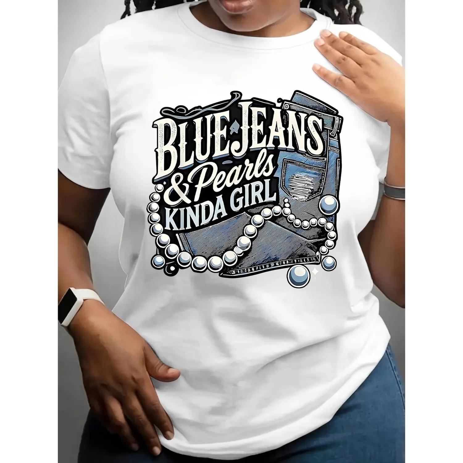 Womens Blue Jeans And Pearls Graphic Cotton Casual Short Sleeve Round Neck Top Featuring Geometric Design For Spring Summer Daily Wear Comfortable Relaxed Fit Durable Shirt