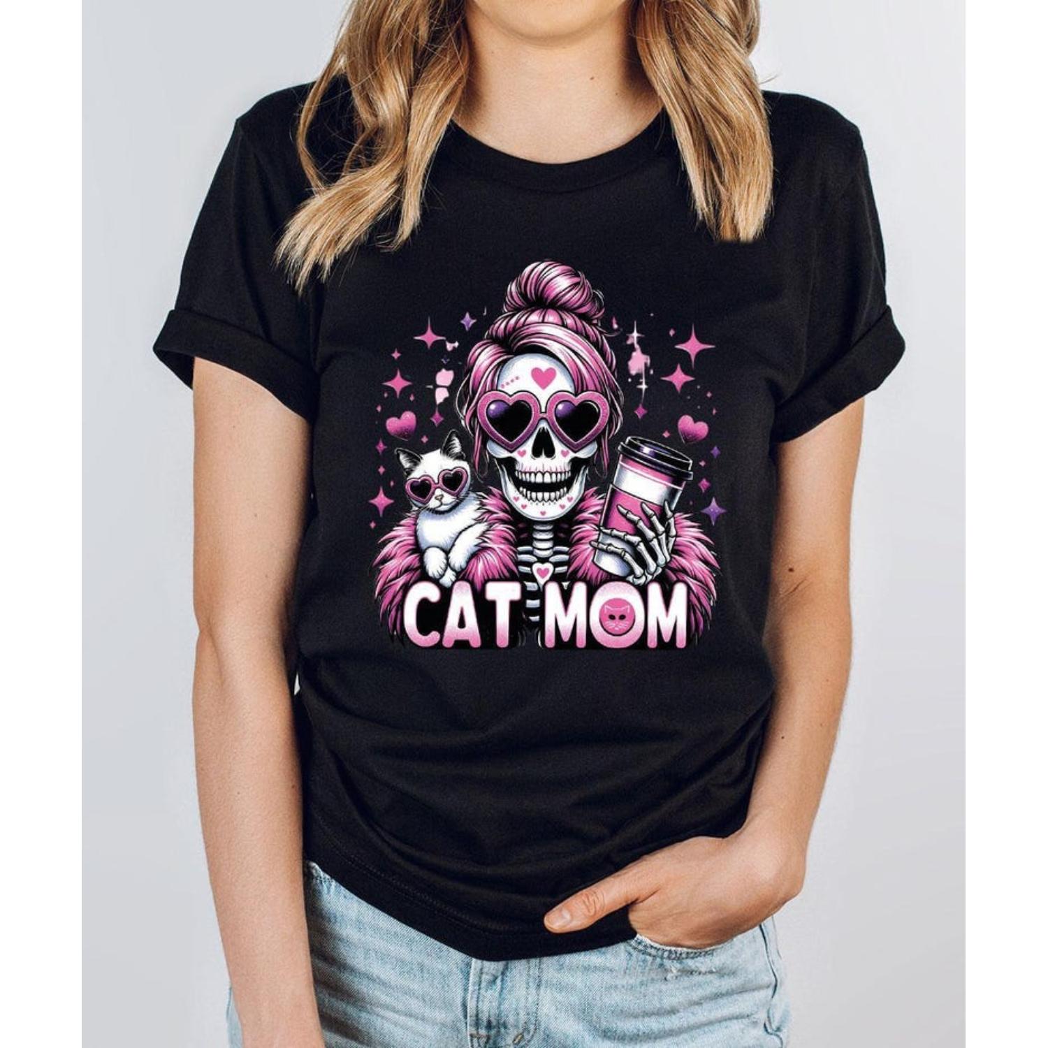 Skeleton Cat Mom T Shirt Funny Cute Coffee And Cat Mom Sarcasm Shirt Gift For Cat Owners