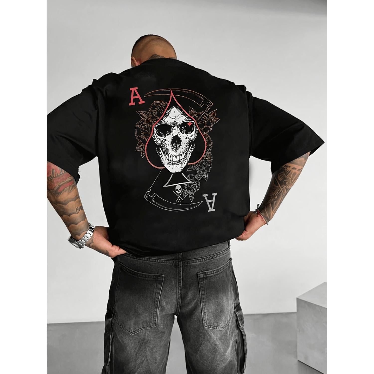 Mens Dark Green Skull Print Summer Outdoor Casual Short Sleeve Crew Neck Lightweight Polyester Graphic Design Tee Black