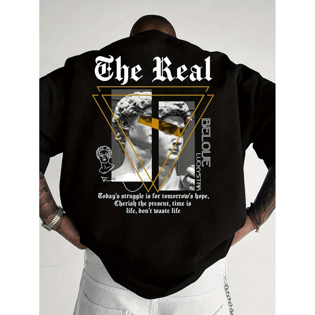 Mens Casual Graphic T Shirt Black Appreciation Design Featuring Classical Statue Inspirational Quotes Regular Fit Summer Tee for Adults Classic Quote Apparel Black