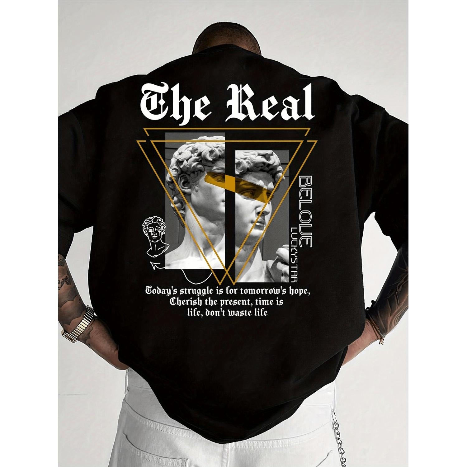 Mens Casual Graphic T Shirt Black Appreciation Design Featuring Classical Statue Inspirational Quotes Regular Fit Summer Tee for Adults Classic Quote Apparel Black