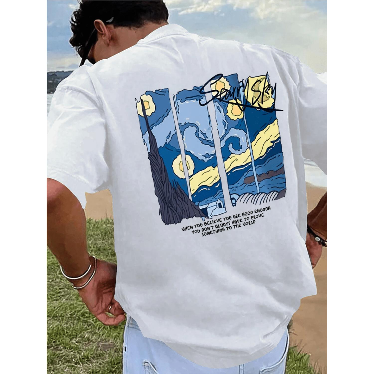 Mens Summer Fashion Casual T Shirt Geometric Van Starry Night Print Crew Neck Short Sleeve Polyester Elastane Stretch Knit Fabric Regular Fit Black