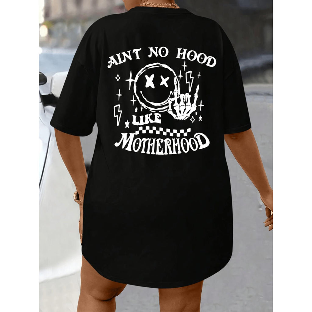 Plus Size Drop Shoulder Graphic T Shirt for Women with Joyful Face and Stars Print Casual Short Sleeve Round Neck Summer Top Breathable Mid Stretch Fabric Machine Washable Comfortable Everyday Tee
