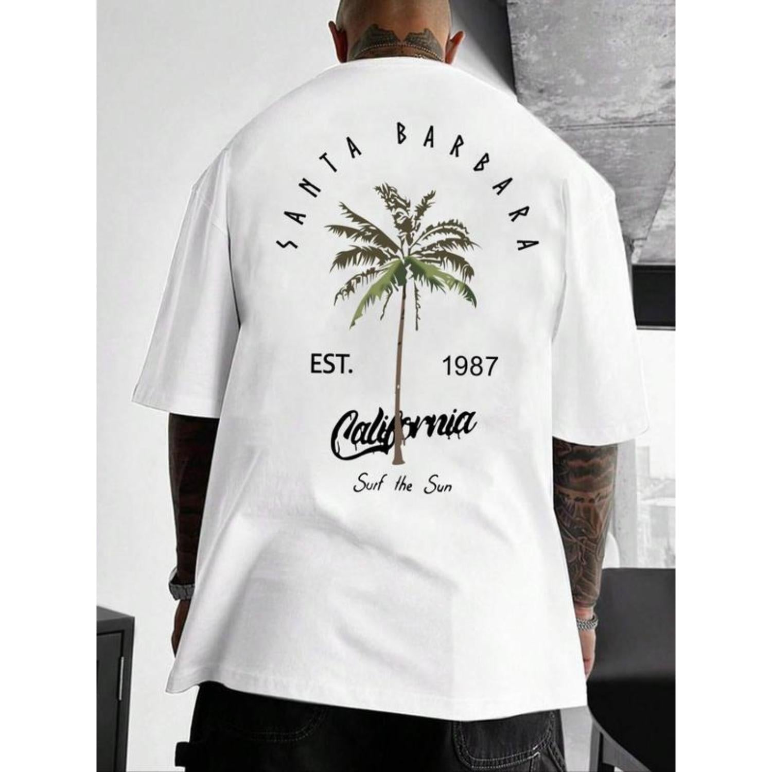 Summer Casual Graphic TShirt for Men Featuring Letter and Tree Prints in Regular Fit Streetwear Style