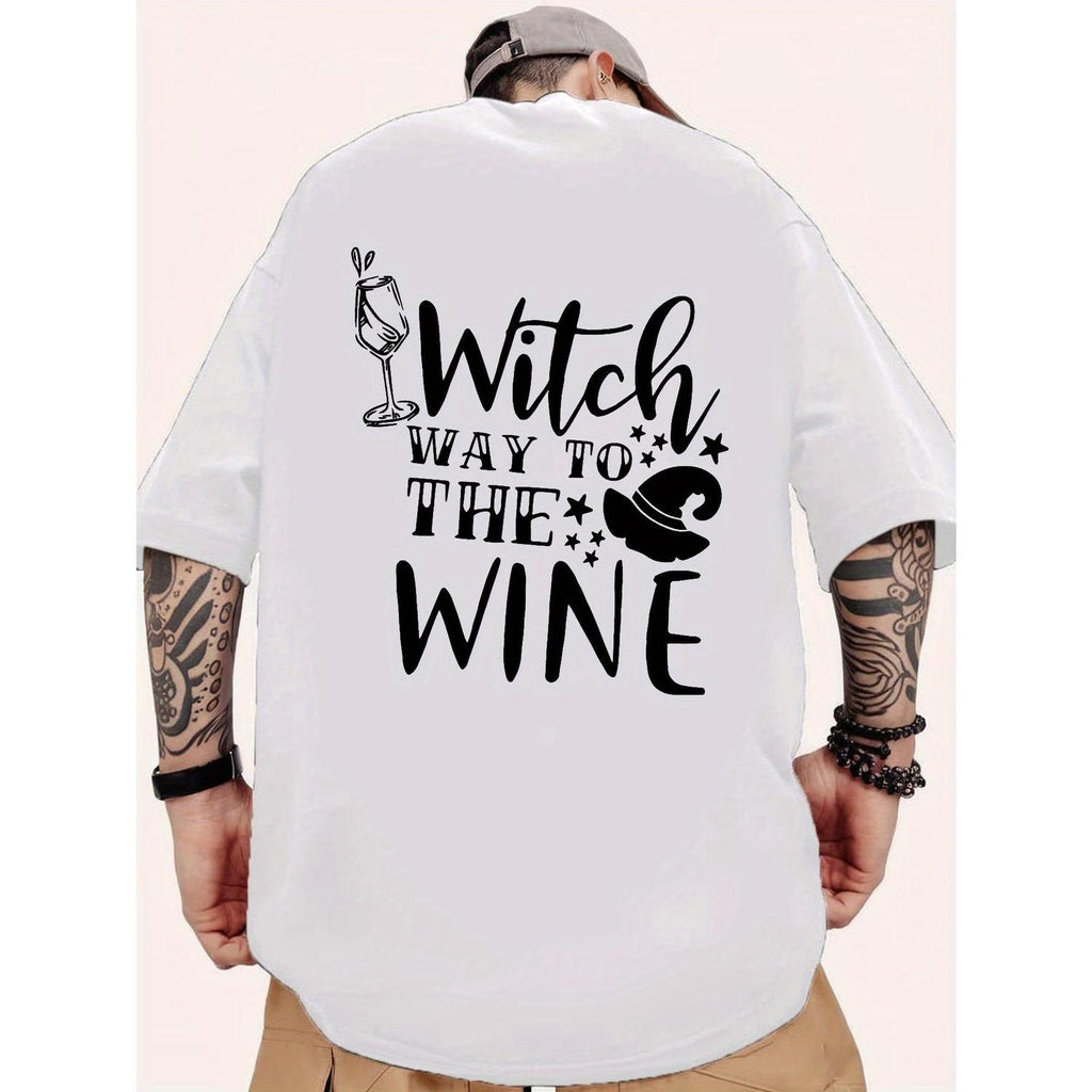 Casual Loose Fit Men s Soft Pure Cotton T Shirt Featuring Witch Way to The Wine Graphic Back Print with Wine Glass and Stars Design Ideal for Gym Sports Daily Wear All Season Comfortable Breathable Fabric Wine Lover Summer Clothing Fun Print Tshirt