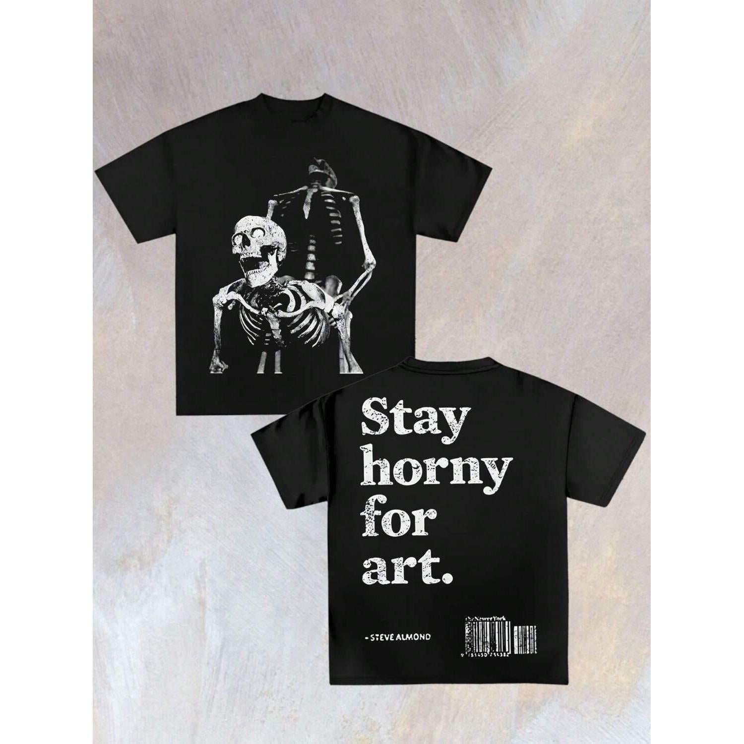 Double-Sided Art Inspired Skeleton Graphic Tee Cool Digital Print Heavy Cotton Summer Crew Neck Unisex T Shirt
